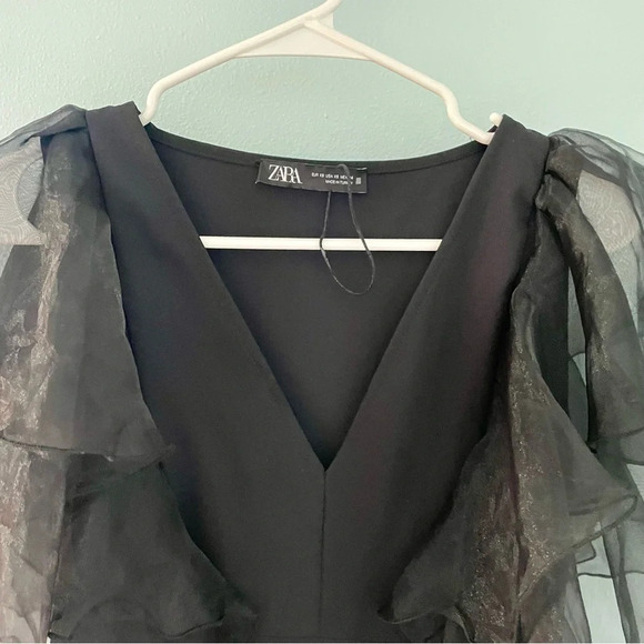 ZARA Black Mini Dress With Organza Sleeves size XS - Picture 4 of 11